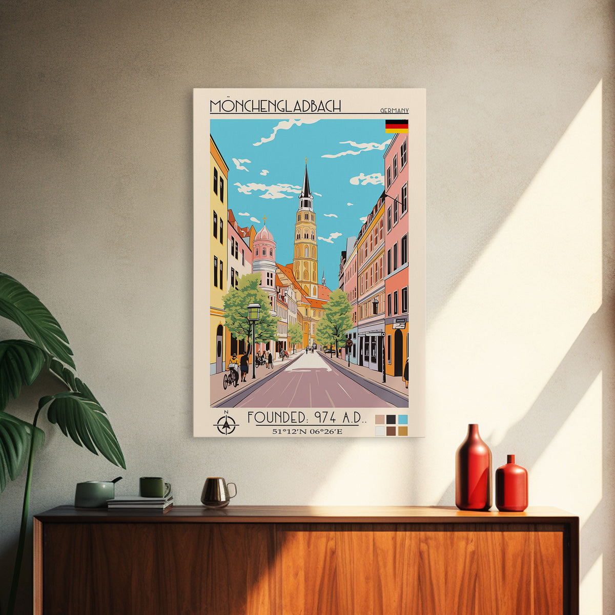 Mönchengladbach Germany Travel Poster Framed Canvas Print, Midcentury Modern Art, Pop Art Wall Decor, Scenic Living Room Art, Bedroom Gift
