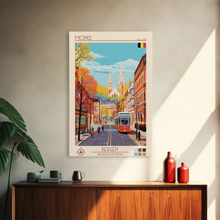 Mons Belgium Travel Poster Framed Canvas Print, Midcentury Modern Art, Pop Art Wall Decor, Home Decor, Vacation Gift, Office Art