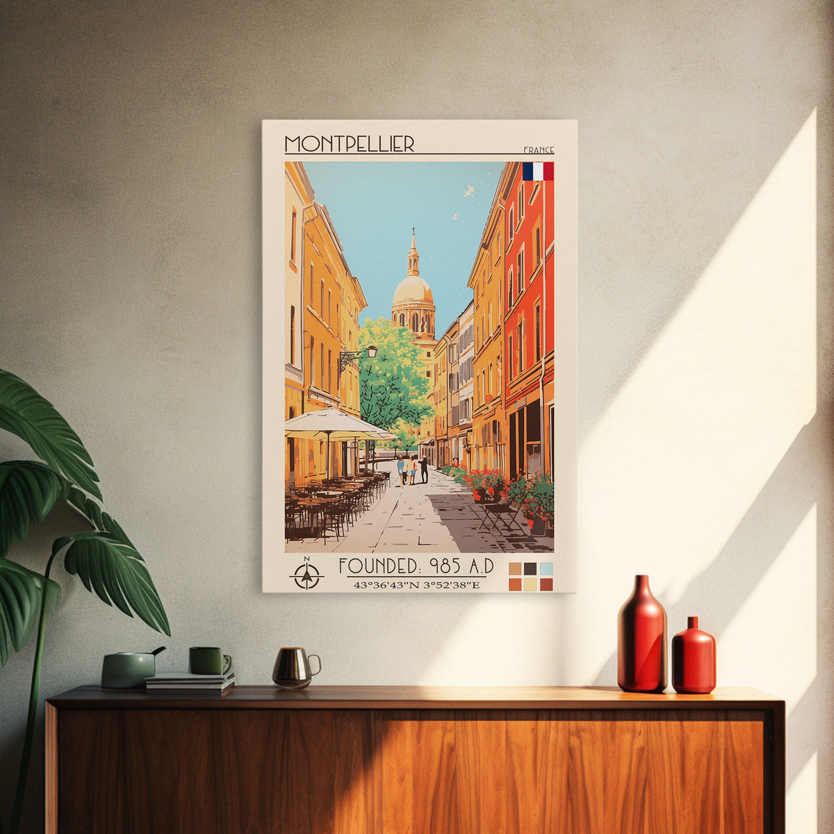 Montpellier France Travel Poster Framed Canvas Print, Midcentury Modern Art, Pop Art Wall Decor, Scenic Living Room Art, Bedroom Gift