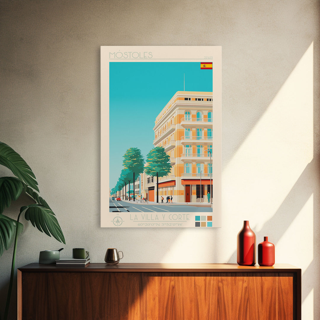 Mostoles Spain Travel Poster Framed Canvas Print, Midcentury Modern Art, Pop Art Wall Decor, Home Decor, Vacation Gift, Office Art