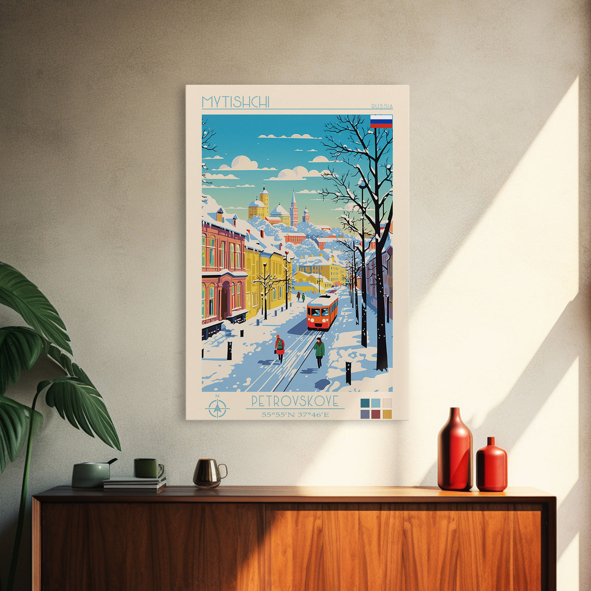 Mytishchi Russia Travel Poster Framed Canvas Print, Midcentury Modern Art, Pop Art Wall Decor, Scenic Living Room Art, Bedroom Decor