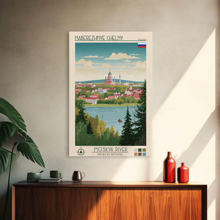 Naberezhnye Chelny Russia Travel Poster Framed Canvas Print, Midcentury Modern Art, Pop Art Wall Decor, Scenic Wall Art, Living Room Decoration, Office Art