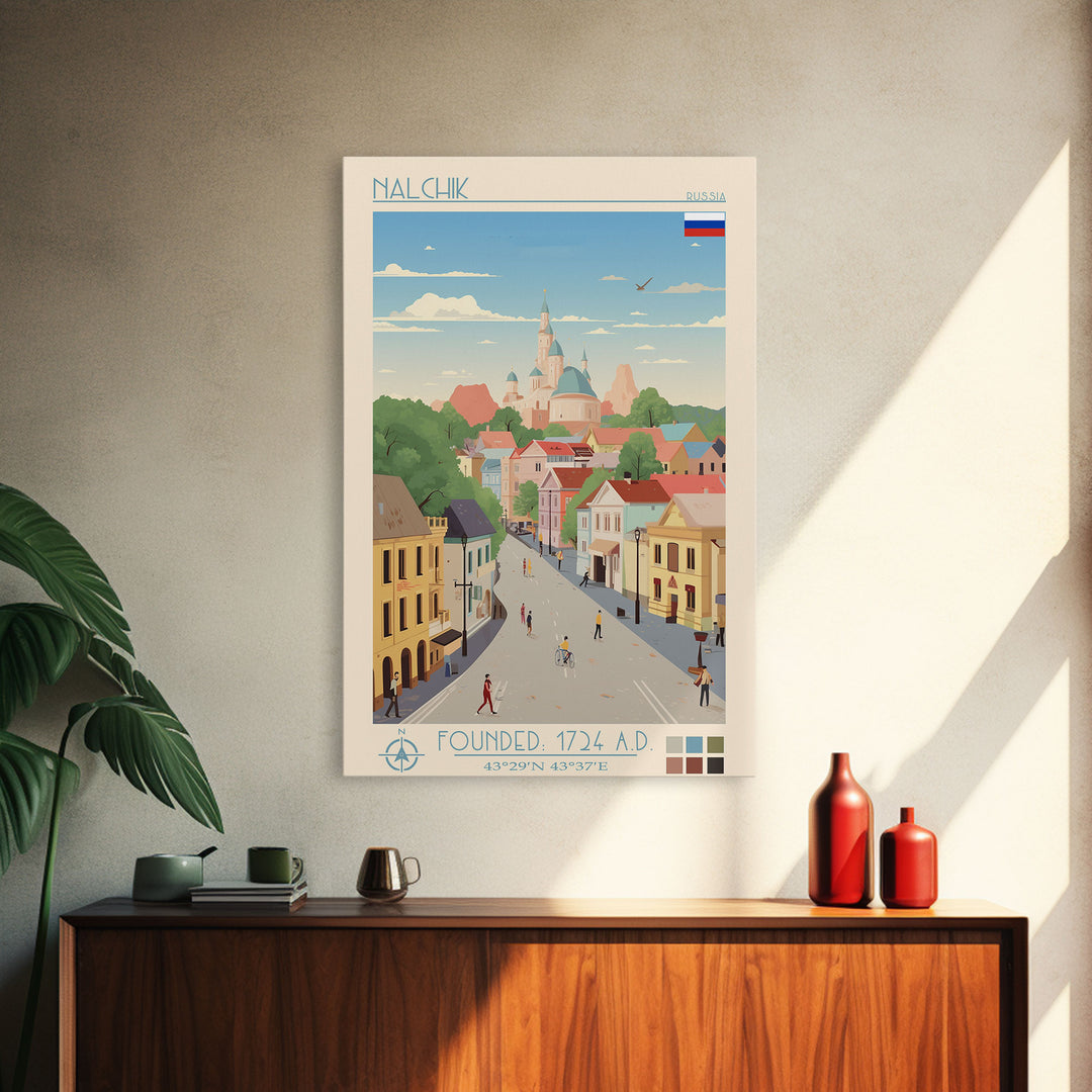 Nalchik Russia Travel Poster Framed Canvas Print, Midcentury Modern Art, Pop Art Wall Decor, Home Decor, Vacation Gift, Bedroom Art