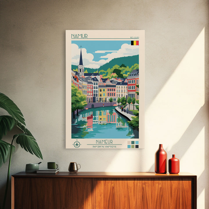 Namur Belgium Travel Poster Framed Canvas Print, Midcentury Modern Art, Pop Art Wall Decor, Scenic Wall Art, Living Room Decoration, Office Gift