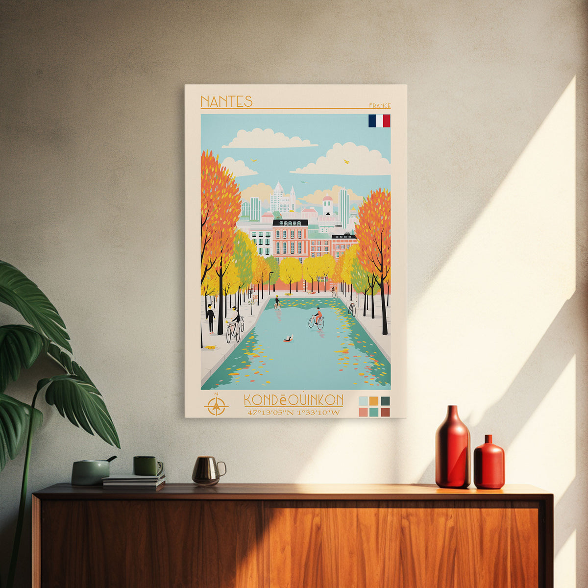 Nantes France Travel Poster Framed Canvas Print, Midcentury Modern Art, Pop Art Wall Decor, Scenic Wall Art, Bedroom Decoration