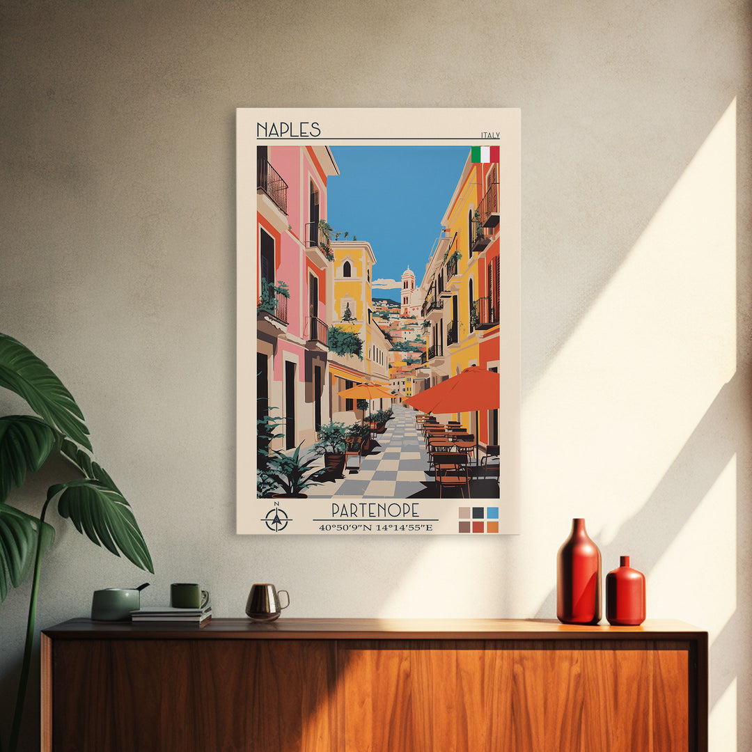 Naples Italy Travel Poster Framed Canvas Print, Midcentury Modern Art, Pop Art Wall Decor, Scenic Wall Art, Living Room Decoration, Office Art