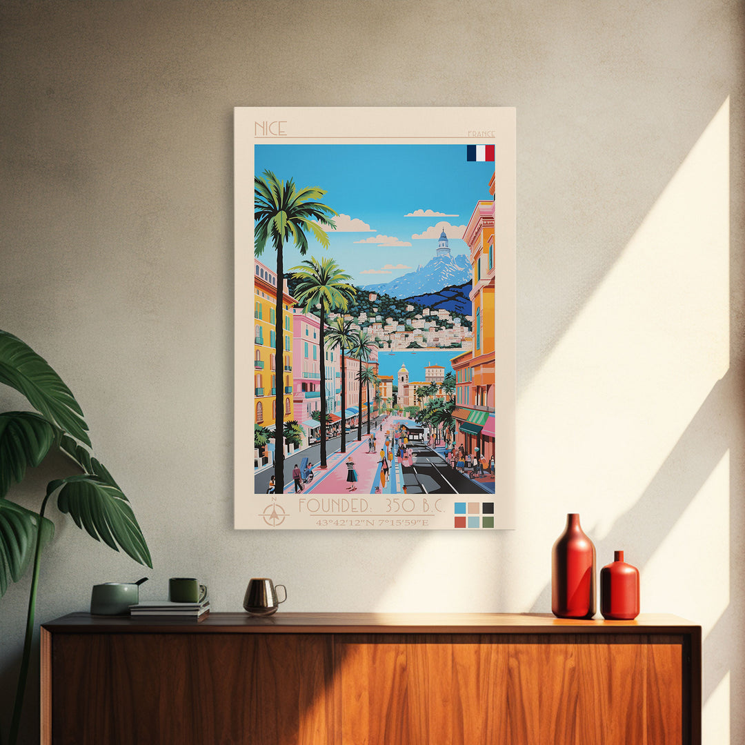Nice France Travel Poster Framed Canvas Print, Midcentury Modern Art, Pop Art Wall Decor, Home Decor, Vacation Gift, Office Art