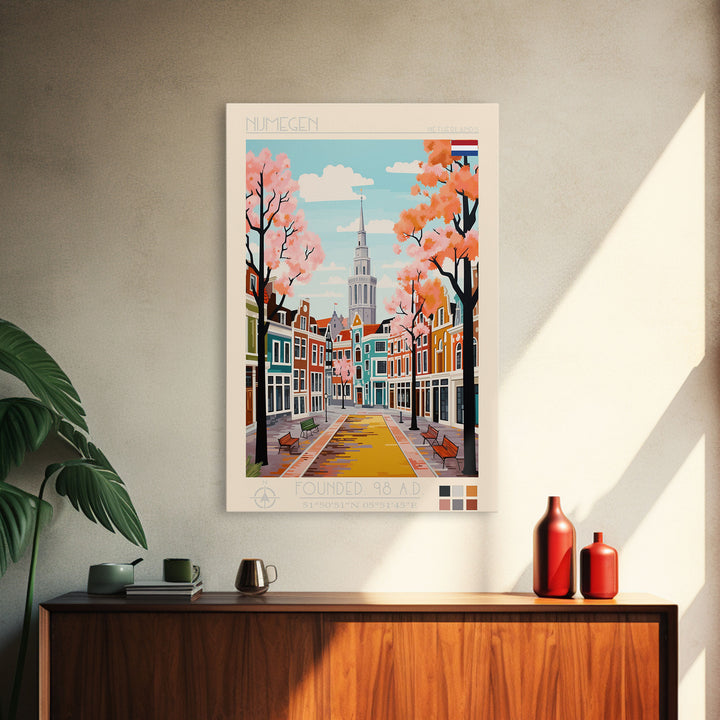 Nijmegen Netherlands Travel Poster Framed Canvas Print, Midcentury Modern Art, Pop Art Wall Decor, Scenic Living Room Art, Bedroom Gift