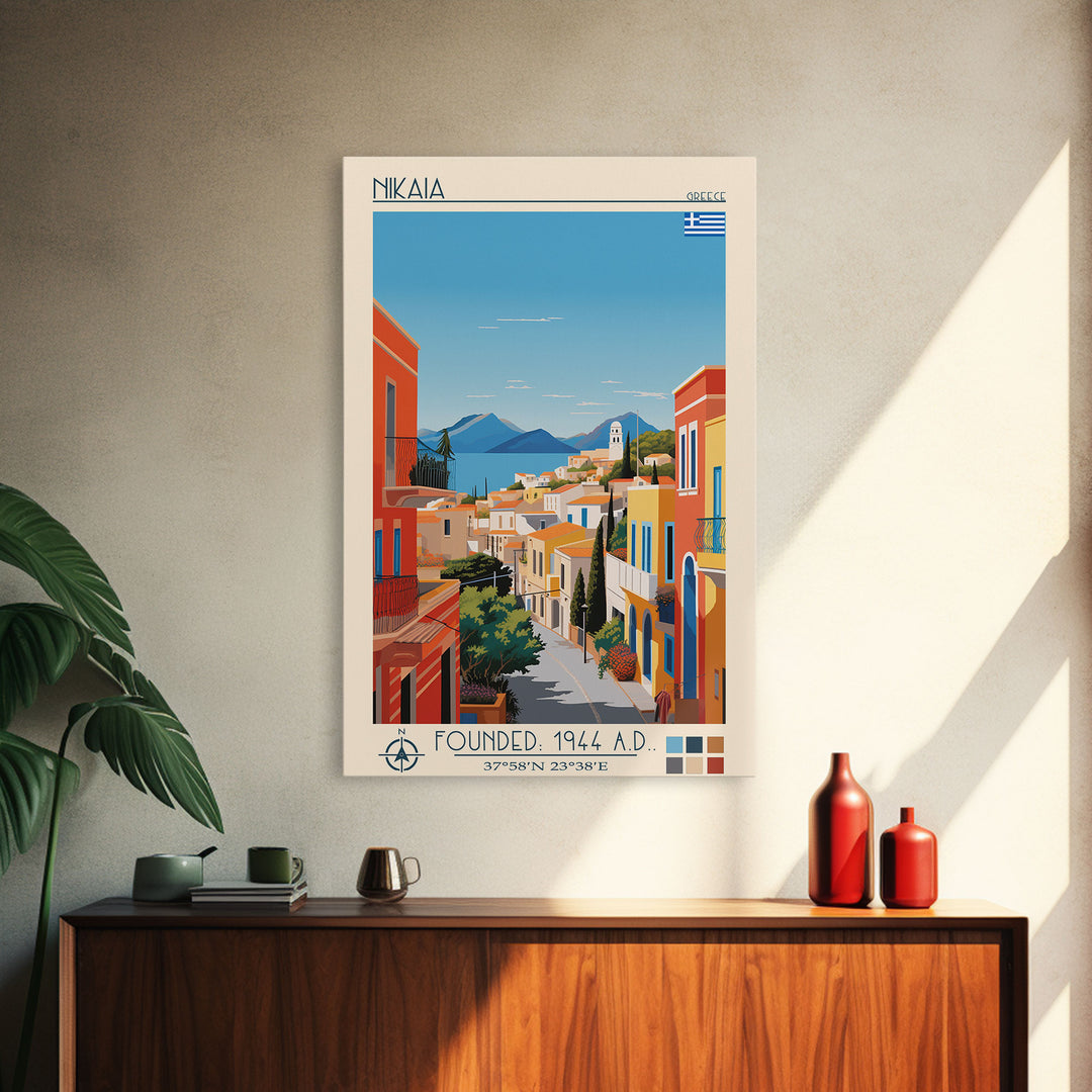 Nikaia Greece Travel Poster Framed Canvas Print, Midcentury Modern Art, Pop Art Wall Decor, Scenic Wall Art, Living Room Decoration, Office Art