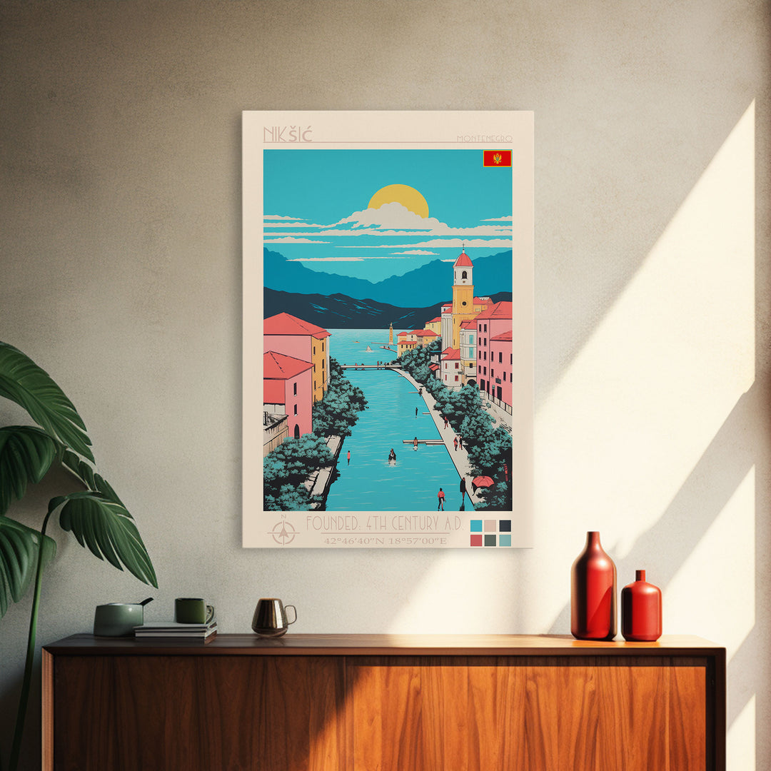 Nikšić Montenegro Travel Poster Framed Canvas Print, Midcentury Modern Art, Pop Art Wall Decor, Home Decor, Vacation Gift, Bedroom Art