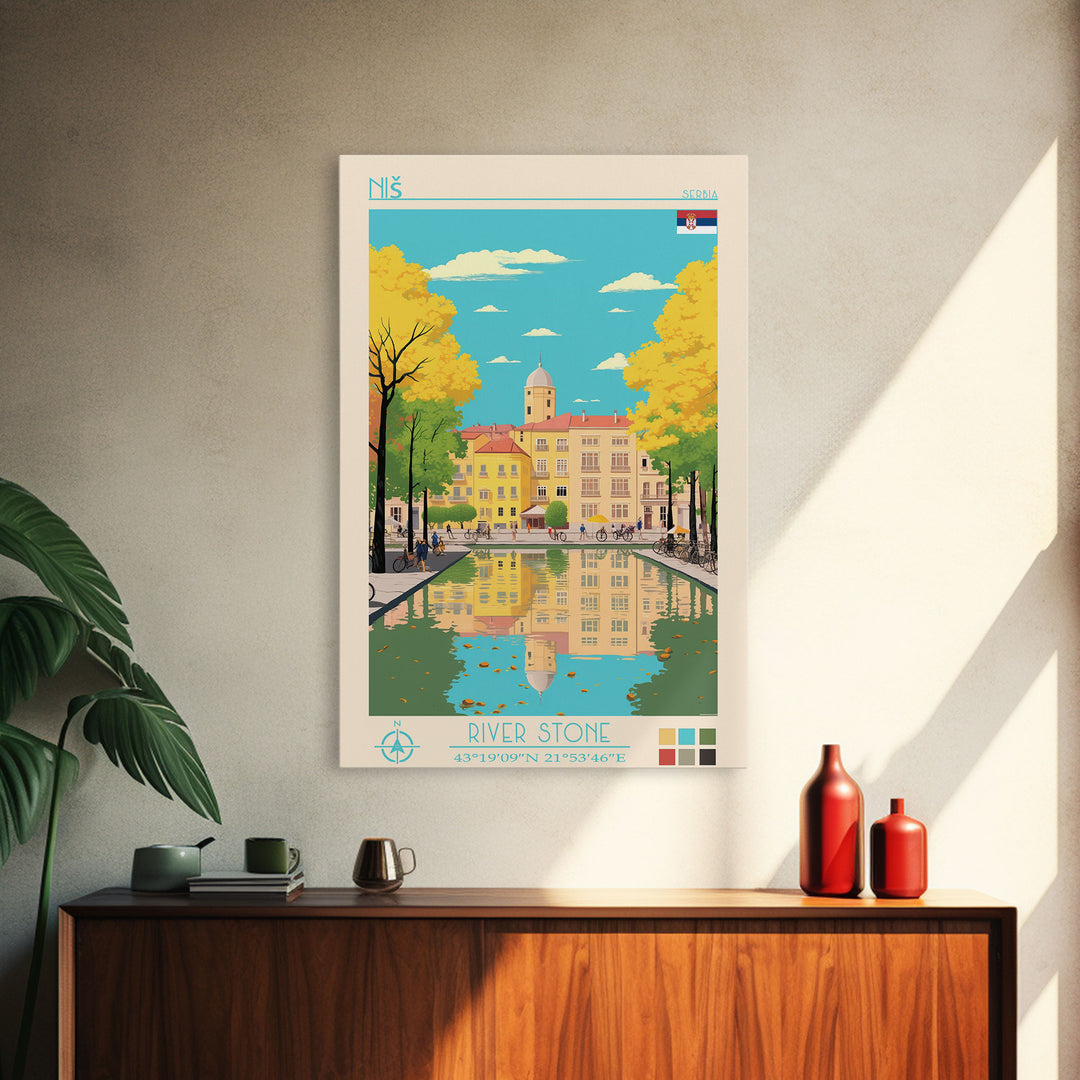 Niš Serbia Travel Poster Framed Canvas Print, Vintage Style, Pop Art Home Decor, Scenic Wall Art, Bedroom Decoration, Office Gift