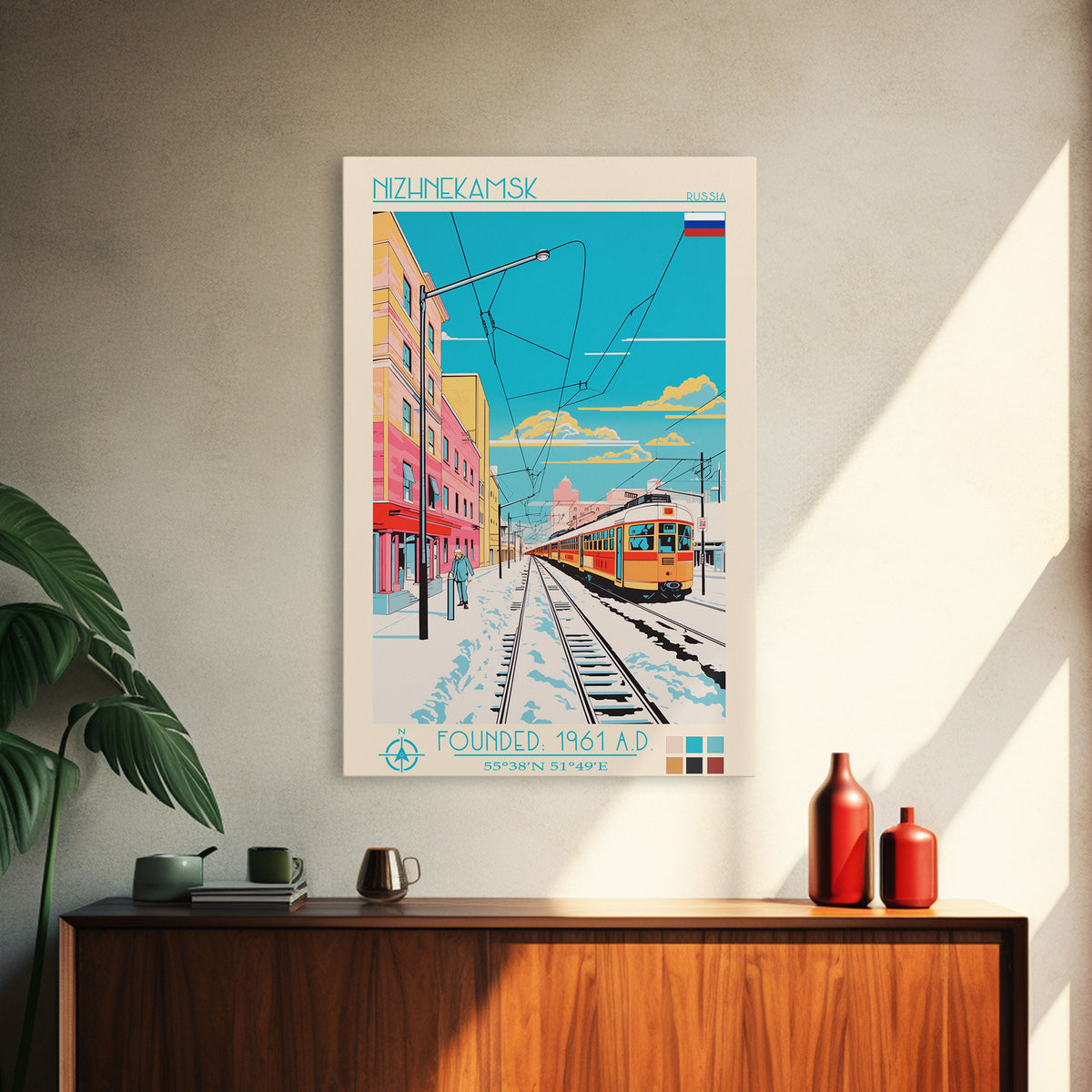 Nizhnekamsk Russia Travel Poster Framed Canvas Print, Midcentury Modern Art, Pop Art Wall Decor, Scenic Wall Art, Bedroom Decoration