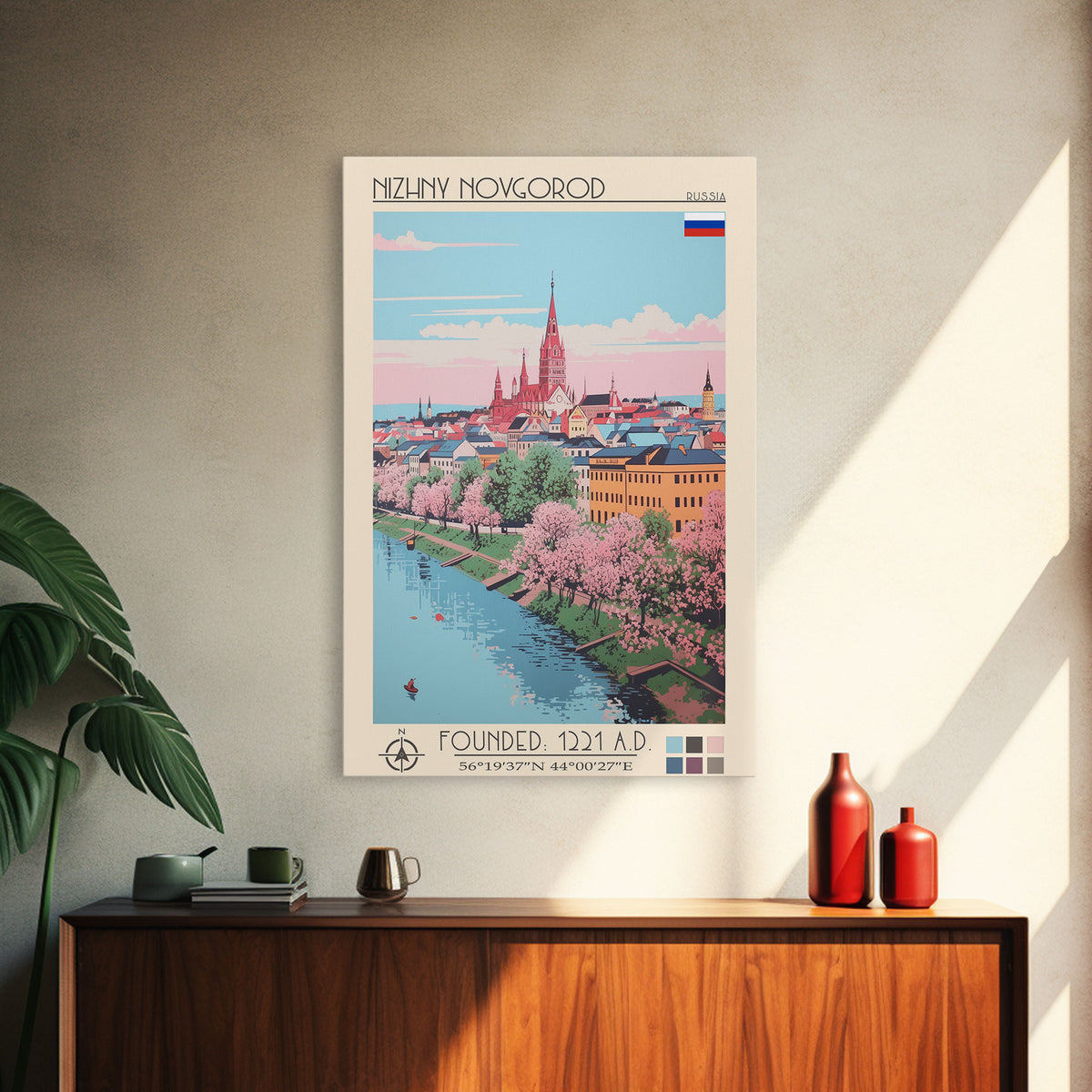 Nizhny Novgorod Russia Travel Poster Framed Canvas Print, Midcentury Modern Art, Pop Art Wall Decor, Scenic Bedroom Art, Office Decoration