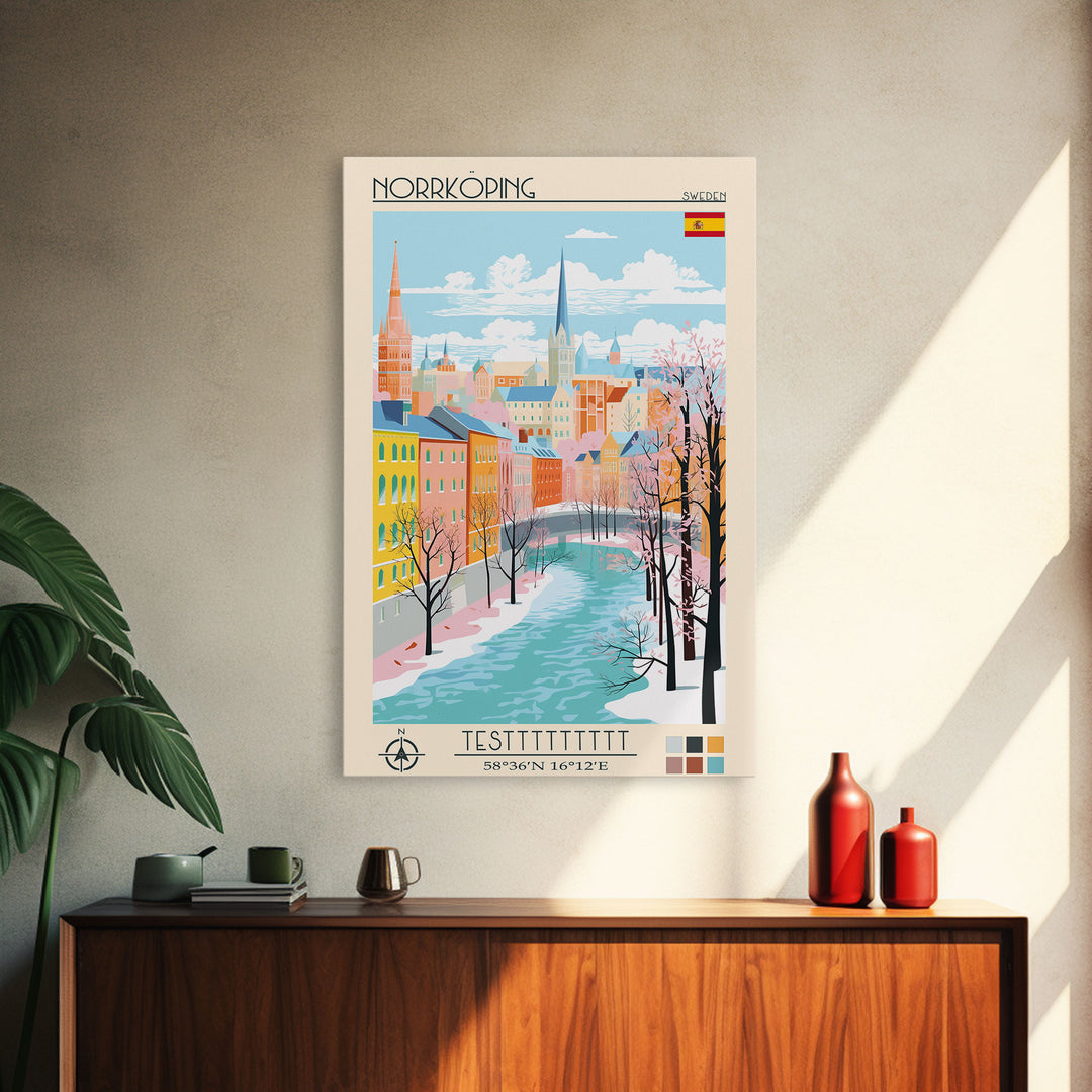 Norrköping Sweden Travel Poster Framed Canvas Print, Midcentury Modern Art, Pop Art Wall Decor, Home Decor, Vacation Gift, Office Art