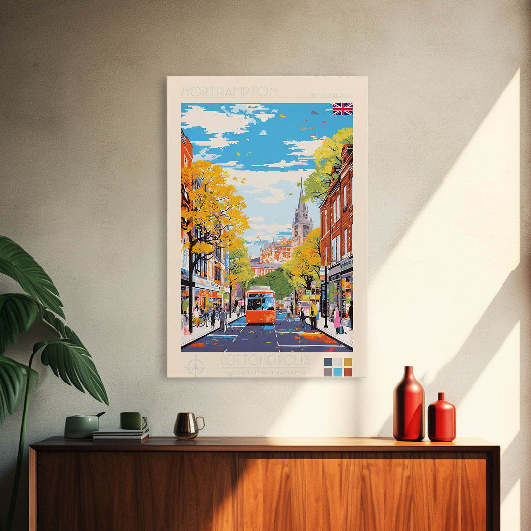 Northampton United Kingdom Travel Poster Framed Canvas Print, Midcentury Modern Art, Pop Art Wall Decor, Scenic Living Room Art, Bedroom Gift