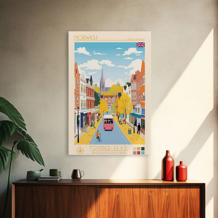 Norwich United Kingdom Travel Poster Framed Canvas Print, Midcentury Modern Art, Pop Art Wall Decor, Scenic Wall Art, Living Room Decoration, Office Art