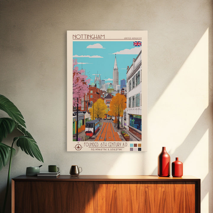 Nottingham United Kingdom Travel Poster Framed Canvas Print, Midcentury Modern Art, Pop Art Wall Decor, Home Decor, Vacation Gift, Bedroom Art