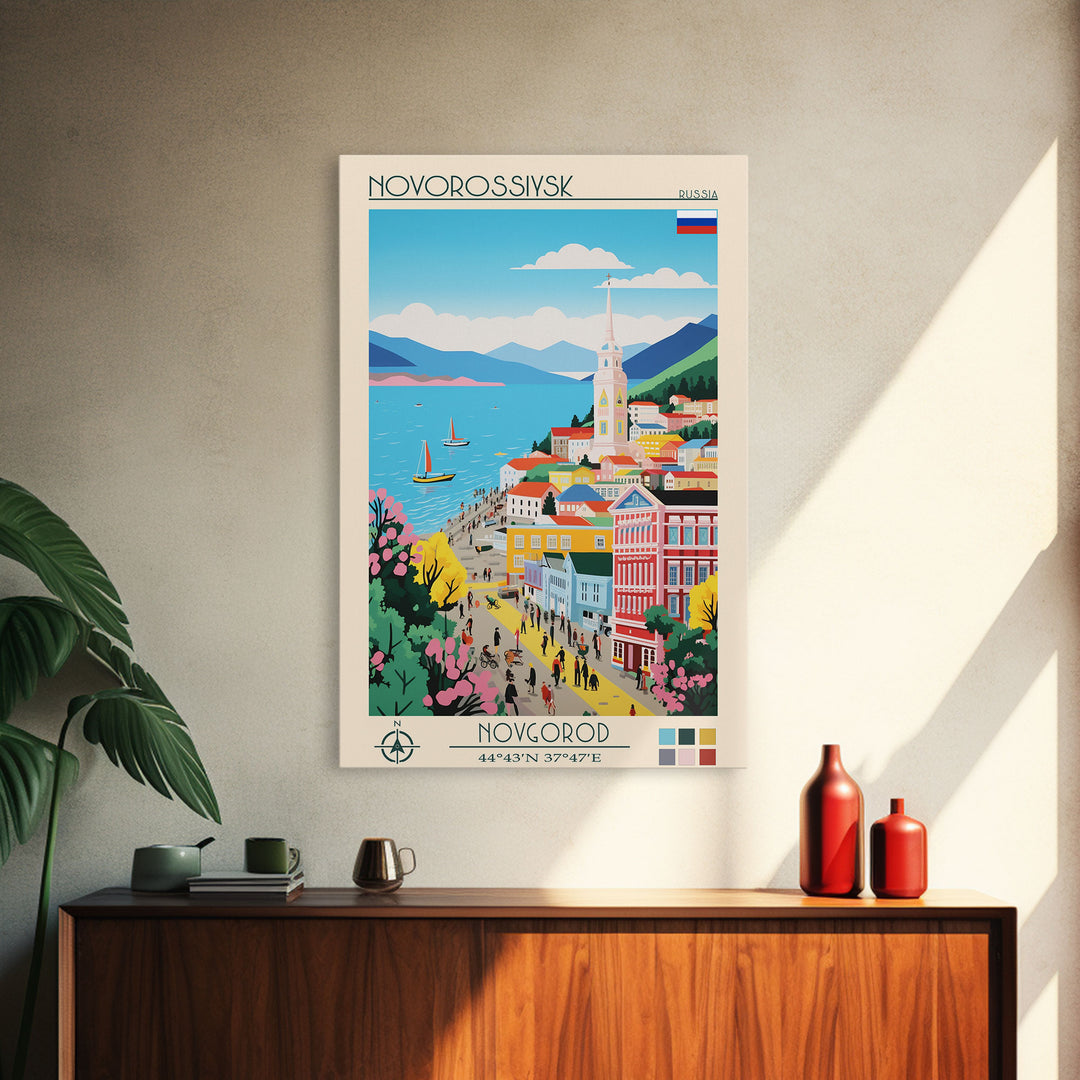 Novorossiysk Russia Travel Poster Framed Canvas Print, Midcentury Modern Art, Pop Art Wall Decor, Scenic Bedroom Art, Office Decoration