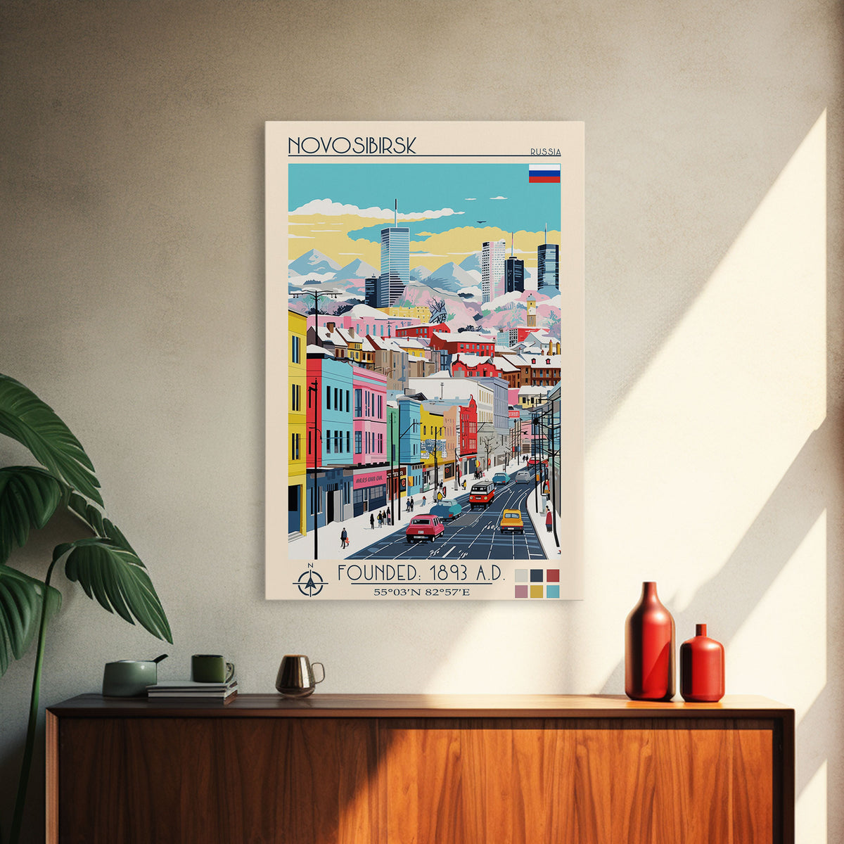 Novosibirsk Russia Travel Poster Framed Canvas Print, Midcentury Modern Art, Pop Art Wall Decor, Scenic Living Room Art, Bedroom Decor