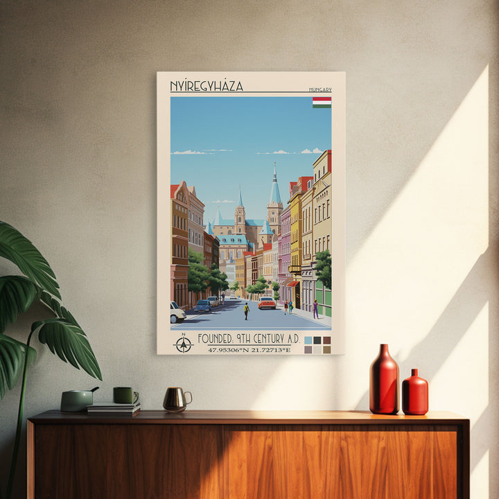 Nyíregyháza Hungary Travel Poster Framed Canvas Print, Midcentury Modern Art, Pop Art Wall Decor, Home Decor, Vacation Gift, Office Art