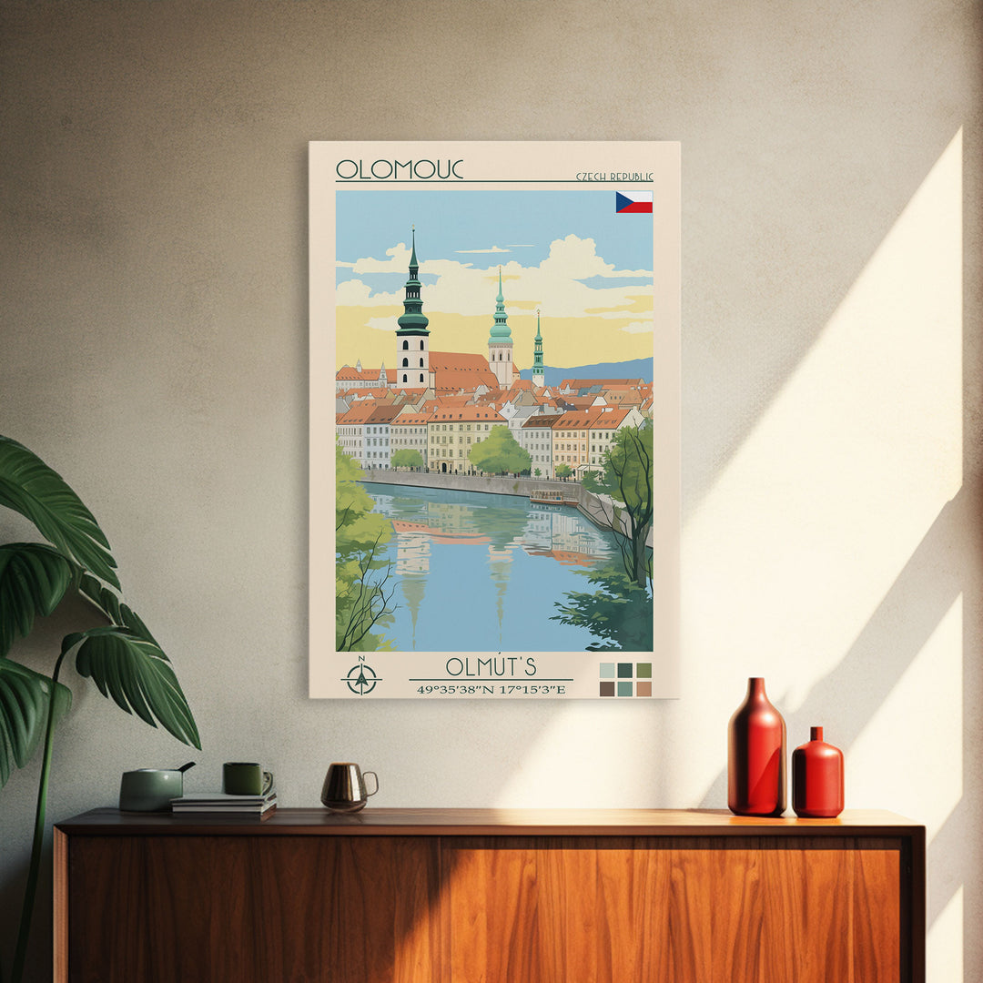 Olomouc Czech Republic Travel Poster Framed Canvas Print, Midcentury Modern Art, Pop Art Wall Decor, Scenic Wall Art, Living Room Decoration, Office Gift