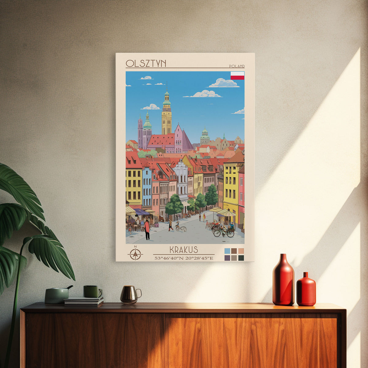 Olsztyn Poland Travel Poster Framed Canvas Print, Midcentury Modern Art, Pop Art Wall Decor, Scenic Wall Art, Bedroom Decoration