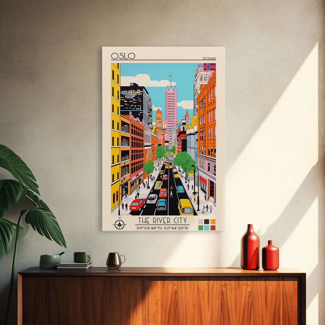 Oslo Norway Travel Poster Framed Canvas Print, Midcentury Modern Art, Pop Art Wall Decor, Scenic Living Room Art, Bedroom Gift
