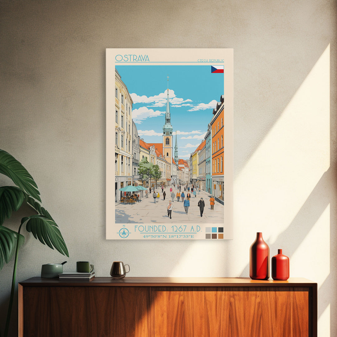 Ostrava Czech Republic Travel Poster Framed Canvas Print, Midcentury Modern Art, Pop Art Wall Decor, Home Decor, Vacation Gift, Bedroom Art