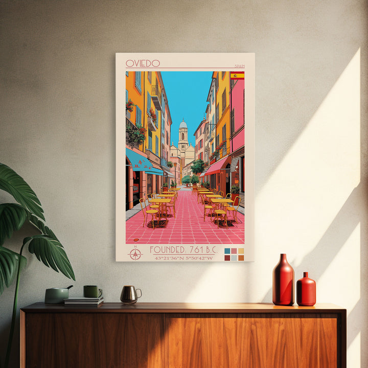 Oviedo Spain Travel Poster Framed Canvas Print, Midcentury Modern Art, Pop Art Wall Decor, Scenic Wall Art, Bedroom Decoration