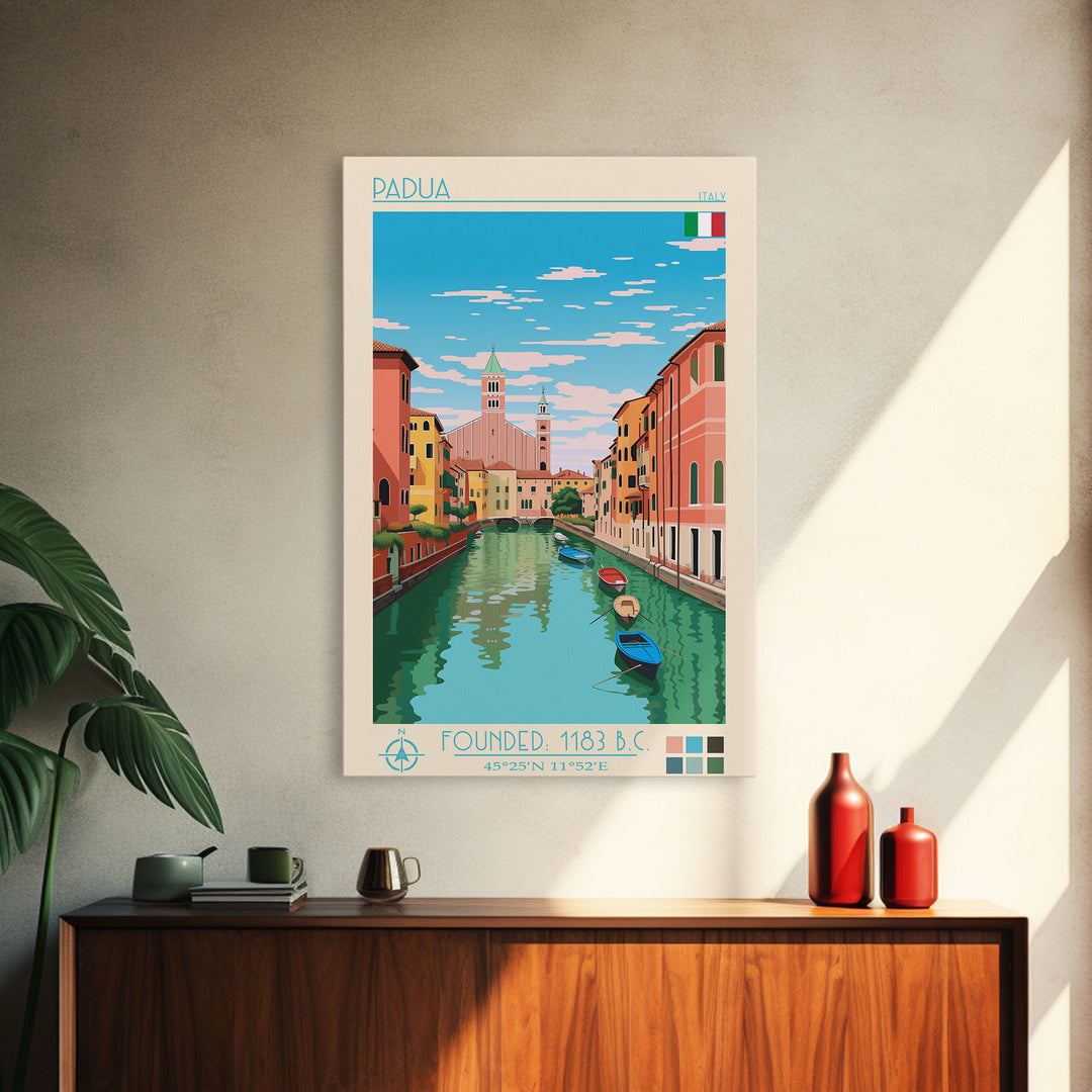 Padua Italy Travel Poster Framed Canvas Print, Midcentury Modern Art, Pop Art Wall Decor, Scenic Bedroom Art, Office Decoration