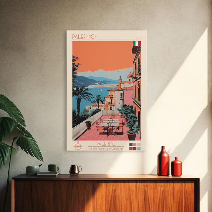 Palermo Italy Travel Poster Framed Canvas Print, Midcentury Modern Art, Pop Art Wall Decor, Scenic Living Room Art, Bedroom Decor