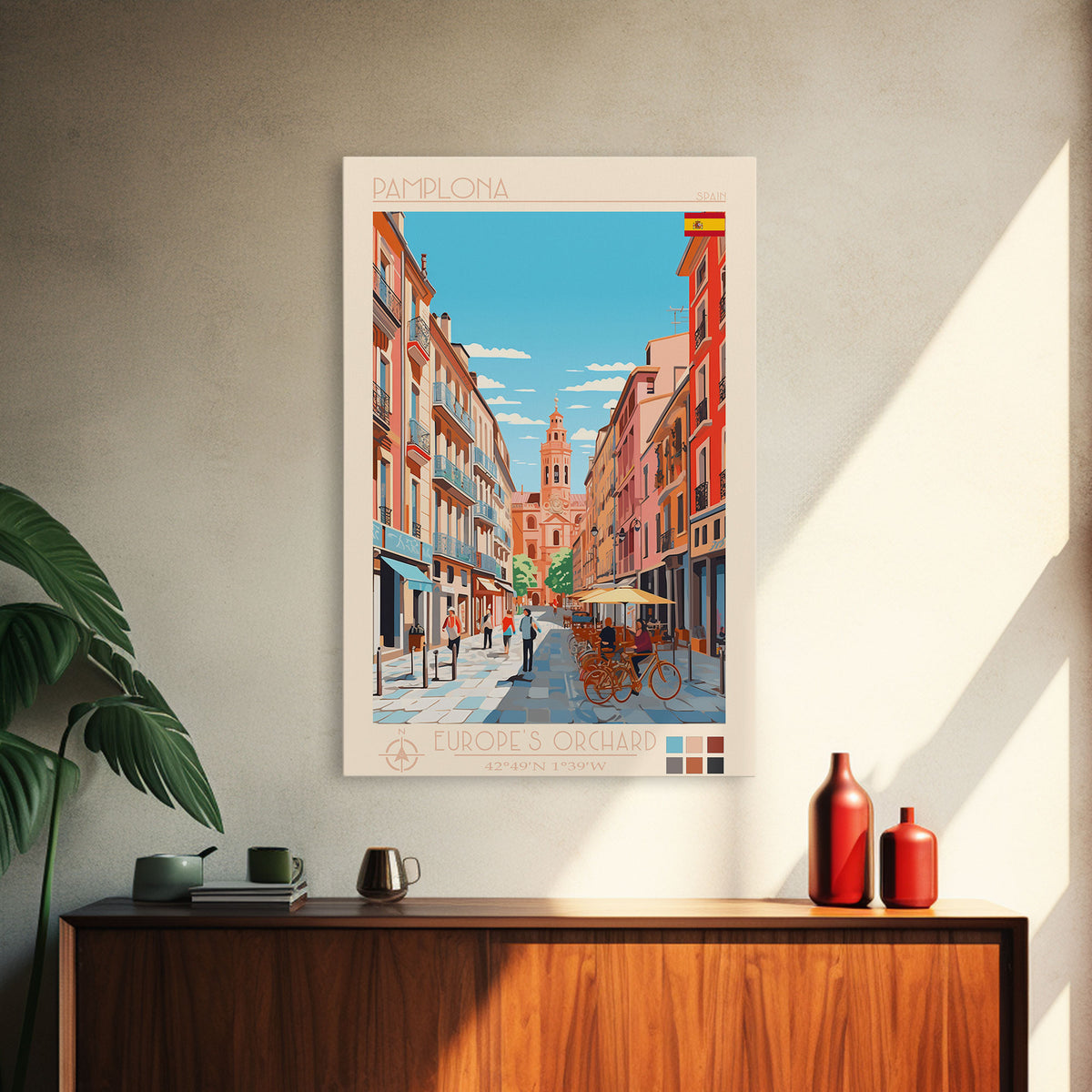 Pamplona Spain Travel Poster Framed Canvas Print, Midcentury Modern Art, Pop Art Wall Decor, Home Decor, Vacation Gift, Office Art
