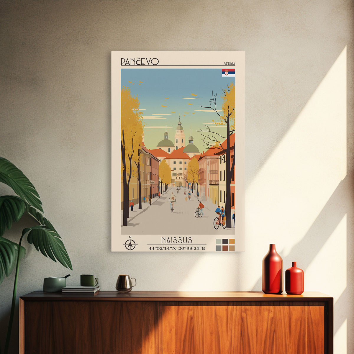 Pančevo Serbia Travel Poster Framed Canvas Print, Midcentury Modern Art, Pop Art Wall Decor, Scenic Wall Art, Living Room Decoration, Office Art