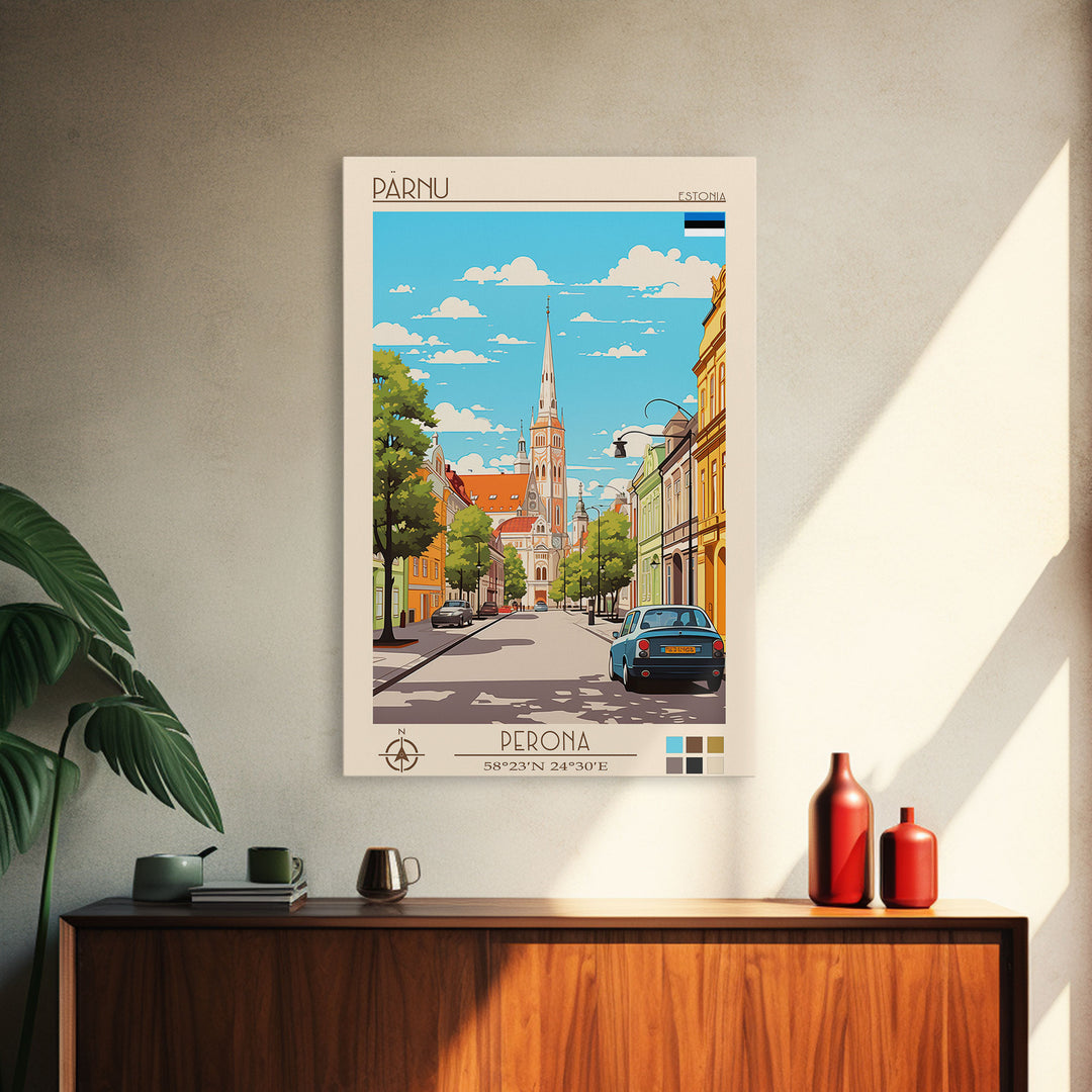 Pärnu Estonia Travel Poster Framed Canvas Print, Midcentury Modern Art, Pop Art Wall Decor, Scenic Wall Art, Bedroom Decoration