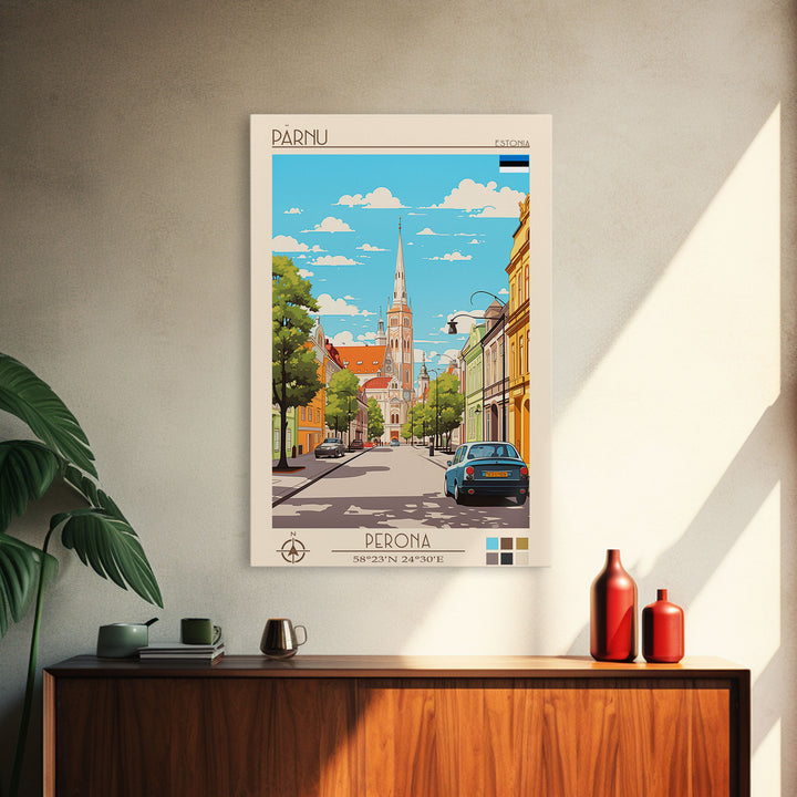 Pärnu Estonia Travel Poster Framed Canvas Print, Midcentury Modern Art, Pop Art Wall Decor, Scenic Wall Art, Bedroom Decoration