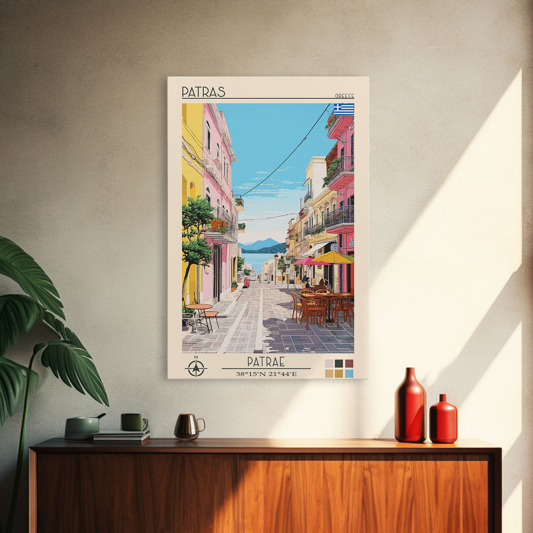 Patras Greece Travel Poster Framed Canvas Print, Midcentury Modern Art, Pop Art Wall Decor, Scenic Wall Art, Living Room Decoration, Office Art