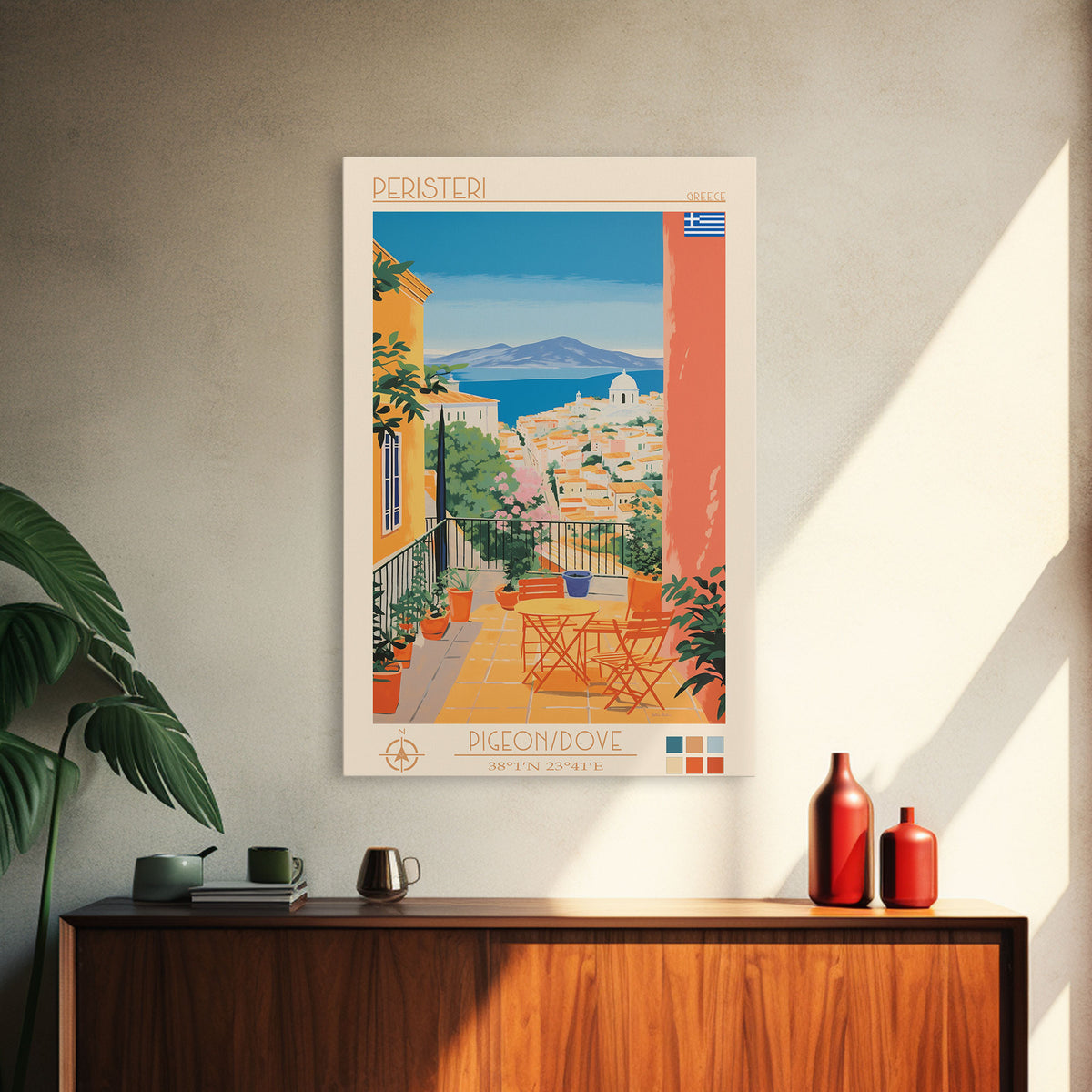 Peristeri Greece Travel Poster Framed Canvas Print, Midcentury Modern Art, Pop Art Wall Decor, Scenic Bedroom Art, Office Decoration