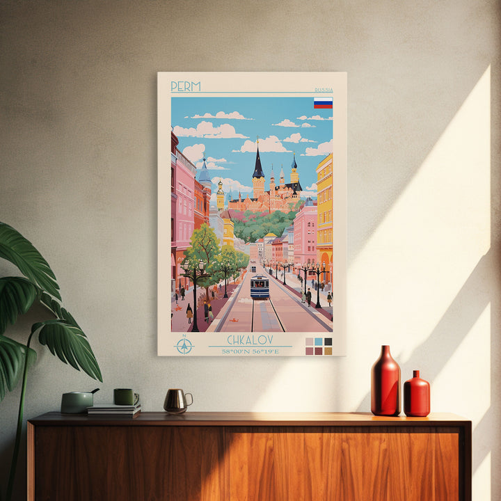Perm Russia Travel Poster Framed Canvas Print, Midcentury Modern Art, Pop Art Wall Decor, Scenic Living Room Art, Bedroom Decor