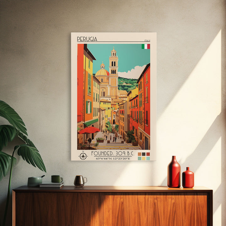 Perugia Italy Travel Poster Framed Canvas Print, Vintage Style, Pop Art Home Decor, Scenic Wall Art, Bedroom Decoration, Office Gift