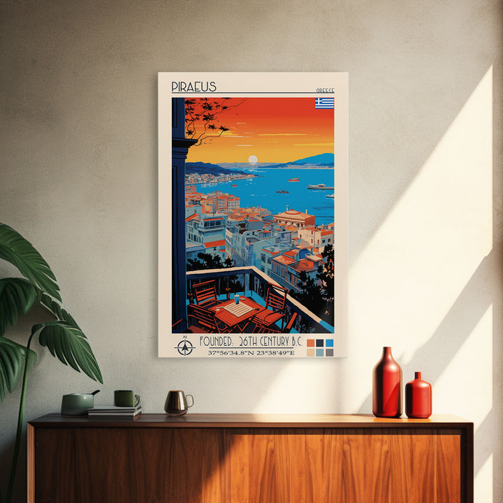 Piraeus Greece Travel Poster Framed Canvas Print, Midcentury Modern Art, Pop Art Wall Decor, Scenic Wall Art, Living Room Decoration, Office Art