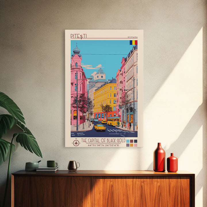 Pitești Romania Travel Poster Framed Canvas Print, Midcentury Modern Art, Pop Art Wall Decor, Home Decor, Vacation Gift, Bedroom Art