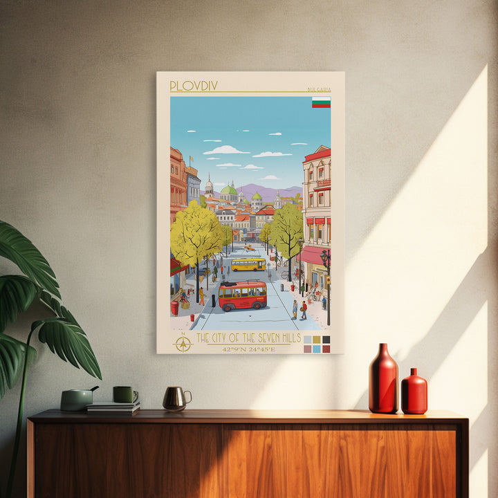 Plovdiv Bulgaria Travel Poster Framed Canvas Print, Midcentury Modern Art, Pop Art Wall Decor, Living Room Art, Home Decoration