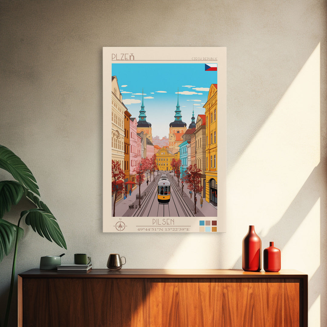 Plzeň Czech Republic Travel Poster Framed Canvas Print, Midcentury Modern Art, Pop Art Wall Decor, Scenic Living Room Art, Bedroom Decor
