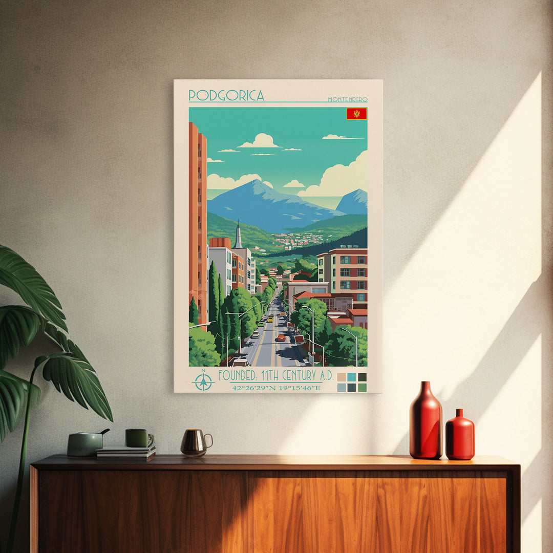 Podgorica Montenegro Travel Poster Framed Canvas Print, Vintage Style, Pop Art Home Decor, Scenic Wall Art, Bedroom Decoration, Office Gift