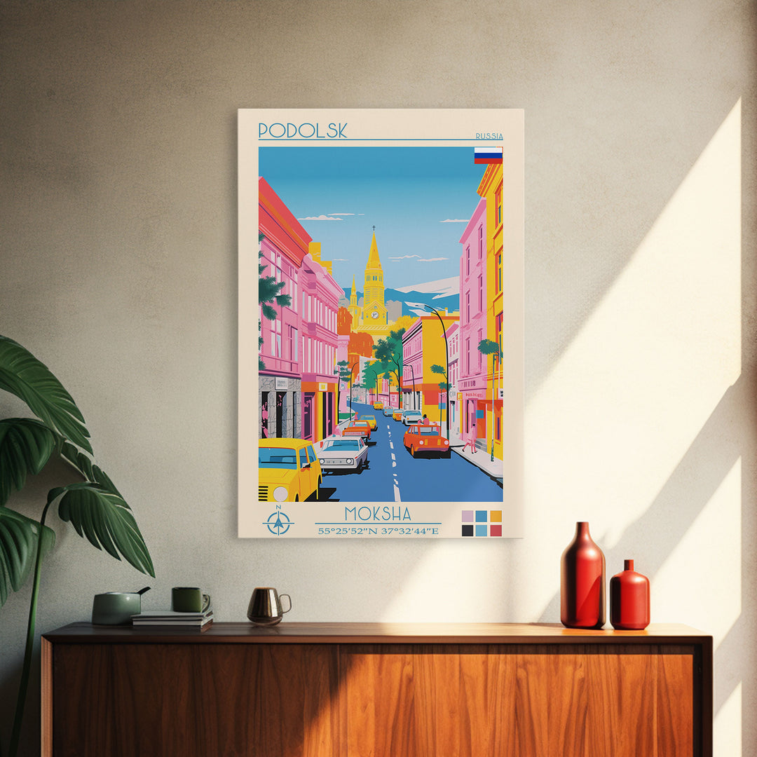 Podolsk Russia Travel Poster Framed Canvas Print, Midcentury Modern Art, Pop Art Wall Decor, Home Decor, Vacation Gift, Office Art