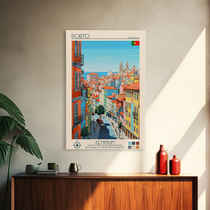 Porto Portugal Travel Poster Framed Canvas Print, Midcentury Modern Art, Pop Art Wall Decor, Scenic Wall Art, Living Room Decoration, Office Gift