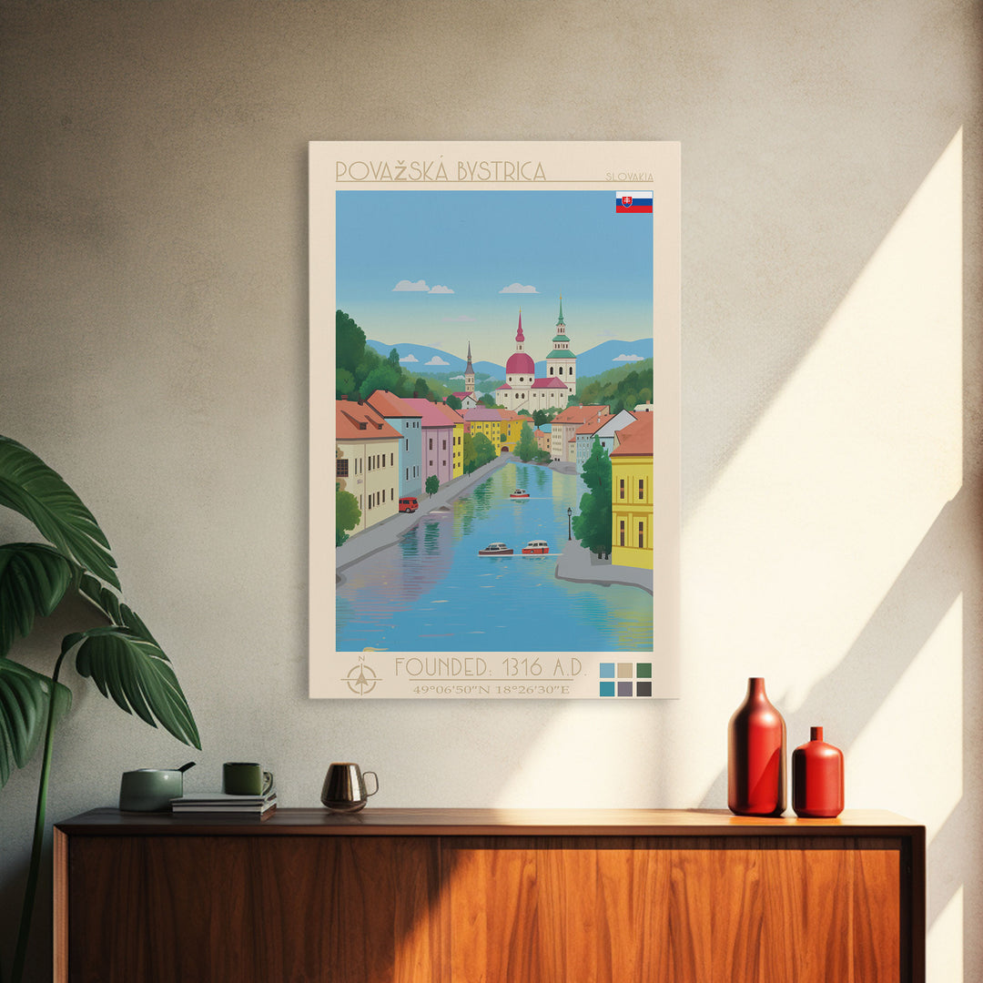 Považská Bystrica Slovakia Travel Poster Framed Canvas Print, Midcentury Modern Art, Pop Art Wall Decor, Scenic Wall Art, Living Room Decoration, Office Art