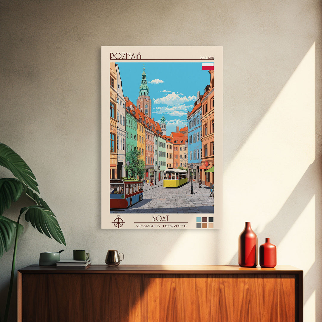 Poznań Poland Travel Poster Framed Canvas Print, Midcentury Modern Art, Pop Art Wall Decor, Scenic Bedroom Art, Office Decoration