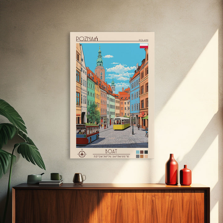Poznań Poland Travel Poster Framed Canvas Print, Midcentury Modern Art, Pop Art Wall Decor, Scenic Bedroom Art, Office Decoration