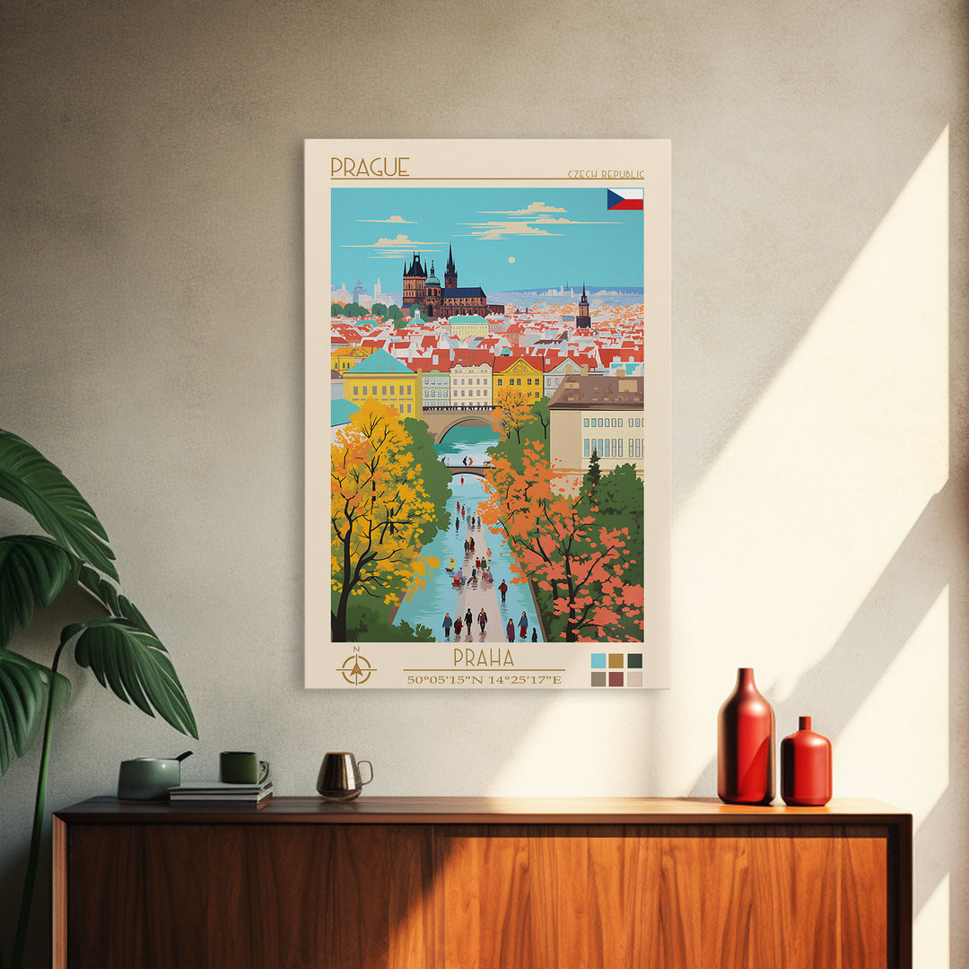 Prague Czech Republic Travel Poster Framed Canvas Print, Vintage Style, Pop Art Home Decor, Scenic Wall Art, Bedroom Decoration, Office Gift